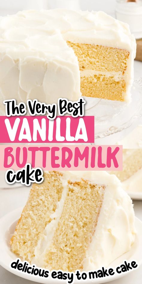 This is the best vanilla cake recipe you have ever tasted! The buttermilk adds some tanginess and keeps it ultra moist, while the vanilla buttercream adds extra sweetness and pairs perfectly with the cake. Cakes By Mk Vanilla Cake, Vanilla Cake With Buttermilk, Vanilla Buttermilk Cake Recipe, Buttermilk Vanilla Cake Recipe, Brown Butter Vanilla Cake, Buttermilk Cake Recipes Homemade, Dense Vanilla Cake Recipe, Cake Using Buttermilk, Buttermilk White Cake Recipe