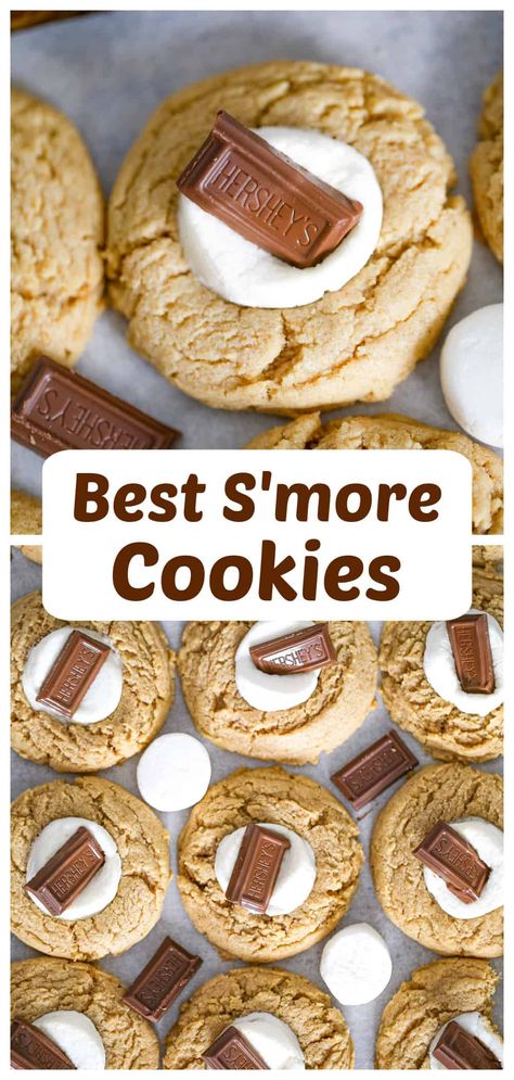 Our Best S'more Cookies are super fudgy, soft & chewy peanut butter & graham cracker cookies topped with marshmallow & Hershey’s chocolate! Cookies With Mini Marshmallows, Smores Cookie Bars, Peanut Butter Graham Cracker, Candies Recipes, Peanut Butter Dessert Recipes, S Mores Cookies, Cookie Recipes From Scratch, Graham Cracker Cookies, Plain Cookies