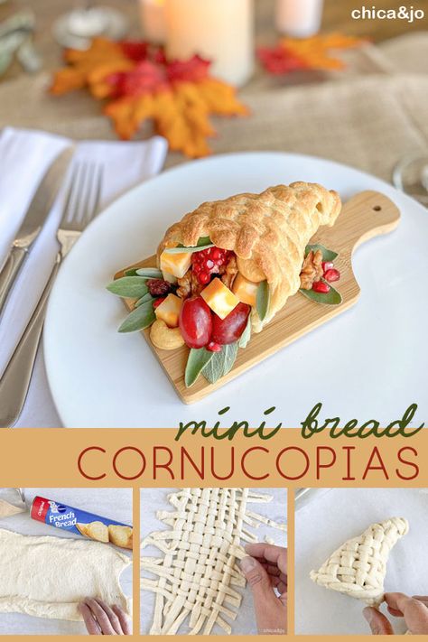 Mini Bread Cornucopia, Bread Cornucopia, Thanksgiving Place Settings, Harvest Ideas, Individual Appetizers, Thanksgiving Bread, Thanksgiving Dinner Ideas, Thanksgiving Cornucopia, Thanksgiving Appetizer