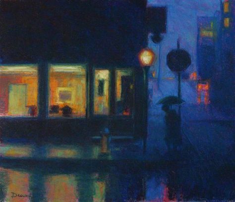 Doug Dawson Art, Contemporary Art Painting Galleries, Painting Blue Aesthetic, Classical Art Paintings, Paint Night Ideas, City Paintings, Blue Art Painting, Nostalgia Art, Street Painting