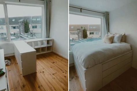 A WOMAN has managed to create ample space in her studio flat by creating her own bed frame using Ikea drawers. Whitley Spinnler, a coach and personal trainer shared the genius hack to her Instagram… Ikea Drawer Bed, Ikea Bed Storage, Space Saver Ideas, Ikea Kitchen Units, Ikea Storage Bed, Ikea Storage Solutions, Space Saving Ideas For Home, Ikea Bed Hack, Space Saving Ideas