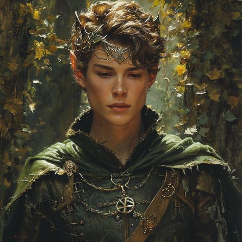 Fae Ears Aesthetic Male, Fae Character Design Male, Fae Royalty, Male Fae Aesthetic, Fae Male Character Inspiration, Male Wood Elf Druid, Male Pixie Fantasy Art, Fae Male, Green Haired Elf Male