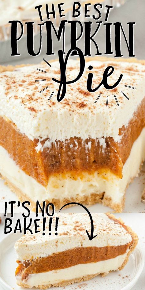 This No Bake Pumpkin Pie is a great twist on the classic pumpkin pie. It features a graham cracker crust filled with perfect layers of cream cheese, pumpkin and Cool Whip. Plus, since it's no bake, it's quick and easy to make. Pumpkin Bake, The Best Pumpkin Pie, No Bake Pumpkin, Bake Pumpkin, Dessert Oreo, Recipes Savory, Pumpkin Recipes Healthy, Savory Pumpkin Recipes, Pumpkin Recipes Easy