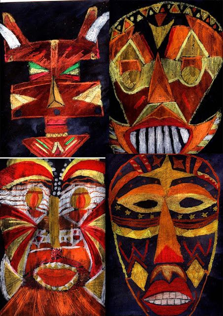 Creatief talent @ SASK!: Afrikaanse maskers in warme kleuren - Panda krijt ... 8th Grade Art, Tiki Totem, 4th Grade Art, Afrikaanse Kunst, Contemporary African Art, Africa Art, Art Activities For Kids, Masks Art, Arts Ed