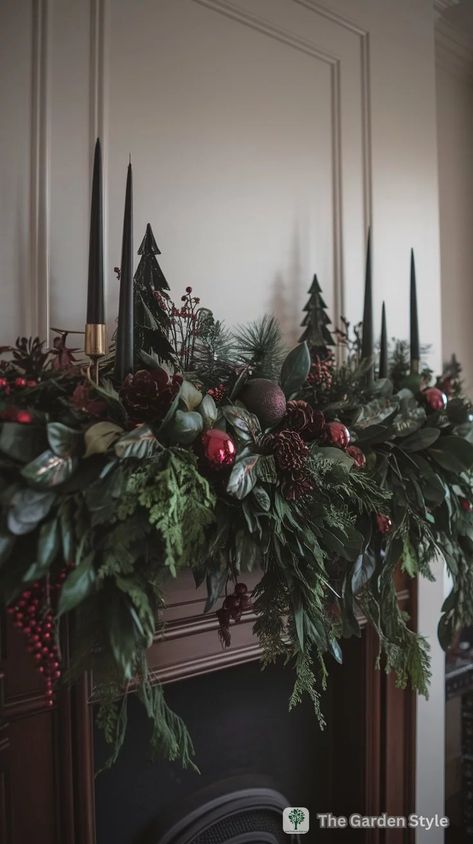 45 Enchanting Christmas Mantel Decor Ideas to Transform Your Home - The Garden Style Wreaths On Fireplace, Moody Christmas Centerpiece, Chimenea Christmas Decor, Christmas Mantle 2024, Christmas Centrepiece Ideas Diy Table Decorations, Sleek Christmas Decor, Holiday Kitchen Island Decor, Christmas Decoration Fireplace, Home Made Christmas Garland