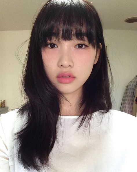 I love the subtle blush under the eyes. Youthful minimalistic nomakeup makeup look.  Igari " hangover" makeup look| Korean Makeup | #Japanesemakeup Korean Makeup, Black Hair, Bangs, Blush, Skin, Makeup, Hair, White, Black