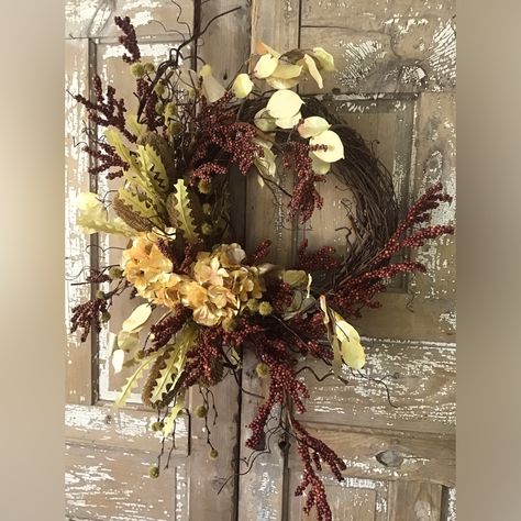 Handmade Wreath For Any Occasion/ Fall / Winter. Perfect For Front Door Or Interior Use. There Are Golden Hydrangeas, Peonies, And Eucalyptus. The Branches Have Brown Berries. There Are Large Thistles And Other Fillers. One Of A Kind And Very Unique. Very Natural Looking. Will Need To Be Reshaped Upon Receipt. Address Wreaths For Front Door, Elegant Fall Wreath, Fall Wreaths For Front Door Farmhouse, Elegant Christmas Wreaths, Boho Fall Wreath, Winter Wreaths For Front Door, Peonies And Eucalyptus, Large Door Wreaths, Poshmark Office