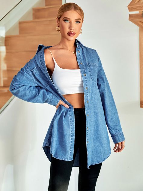 Oversized Denim Shirt Outfit, Denim Shirt Outfit Women, Jean Shirt Outfits, Looks Camisa Jeans, Girls Denim Shirt, Long Denim Shirt, Denim Shirt Outfit, Outfits Con Camisa, Jeans Patch