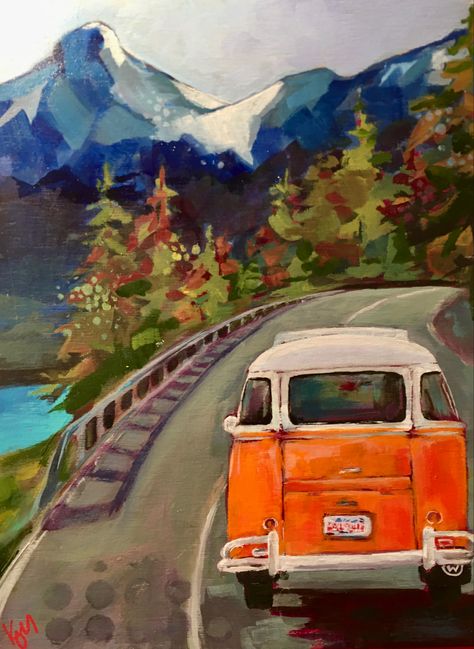 Road Trip Drawing, Road Trip Painting, Retro Road Trip, Van Drawing, Vans Painted, Road Painting, Car Oil, Art Tutorials Watercolor, Summer Poses