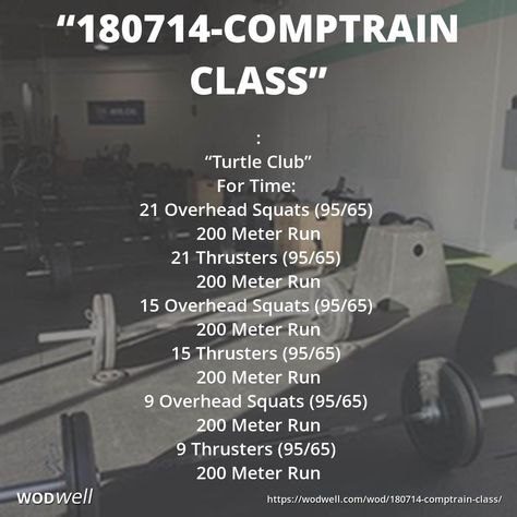 "180714-Comptrain Class" WOD - : “Turtle Club”; For Time:; 21 Overhead Squats (95/65); 200 Meter Run; 21 Thrusters (95/65); 200 Meter Run; 15 Overhead Squats (95/65); 200 Meter Run; 15 Thrusters (95/65); 200 Meter Run; 9 Overhead Squats (95/65); 200 Meter Run; 9 Thrusters (95/65); 200 Meter Run Comptrain Workouts, Crossfit Legs, Crossfit Program, Wods Crossfit, Crossfit Workouts Wod, Crossfit Workouts At Home, Amrap Workout, Crossfit At Home, Crossfit Wods