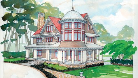 Plan #928-63 - Houseplans.com Queen Anne House Plans, Shingle House Plans, Queen Anne House, Victorian House Plans, Blueprint Pictures, Shingle Style Homes, Craftsman Exterior, Craftsman Style Homes, Craftsman Style House Plans