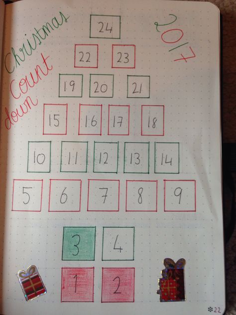 Christmas countdown bullet journal 25 Day Christmas Countdown Ideas, Christmas Countdown Drawing, Christmas Countdown Bullet Journal, Buju Ideas, Christmas Countdown Ideas, Countdown Till Christmas, Christmas Bullet Journal, Countdown Ideas, Ideas Bullet Journal