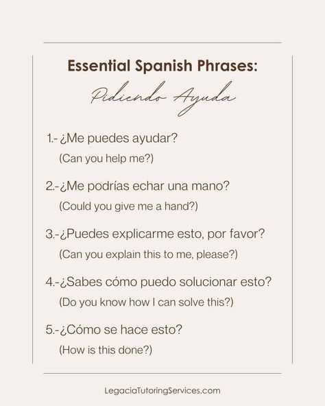 Essential Spanish Phrases for Asking for Help 🤝 ¡Hola, amigos! 👋🏽 Need a hand? These must-know Spanish phrases will help you ask for help in any situation, whether you’re traveling, working, or just trying to figure something out. Ready to make Spanish a little easier? Click the link in our bio to start learning. ¡Tú puedes! 💪 📚 The Legacia Tutoring Team #LearnSpanish | #SpanishPhrases | #AskForHelpInSpanish | #SpanishTips | #LanguageLearning | #LegaciaTutoringServices Basic Spanish Conversation, Asking For Directions, Teach Yourself Spanish, Spanish Conversation, Travel Phrases, Spanish Basics, Shopping For Clothes, Basic French Words, Learning Spanish Vocabulary