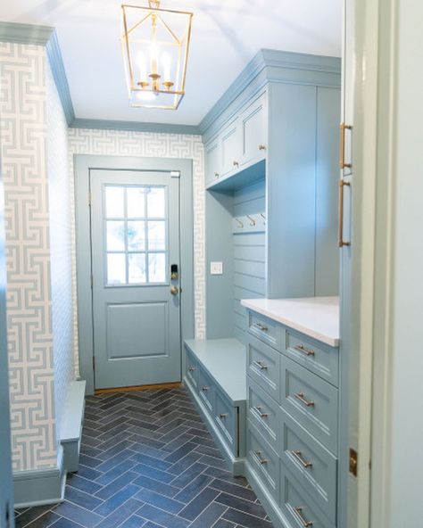 Mudroom With Sink, Bathroom Expansion, Painted Millwork, Mudroom Sink, Greek Key Wallpaper, Anthony James, Key Wallpaper, Cottage Entryway, Transitional Entry