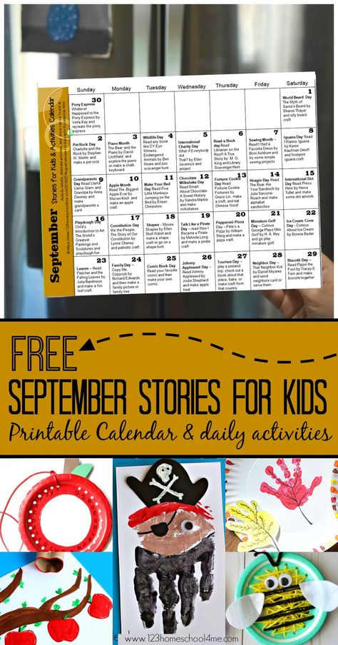 FREE September Stories for Kids & Activity Calendar - this free printable book list is perfect for families to celebrate special days, holidays, monthly themes with great book recommendations and clever kids activities with families with toddler, preschool, kindergarten, first grade, 2nd grade, 3rd grade, and 4th grade kids #storiesforkids #bookrecommendations #booklist #september #kidsactivities 123 Homeschool 4 Me, Activity Calendar, September Activities, Fun Holidays, Matchbox Crafts, Calendar Activities, Clever Kids, Elementary Learning, Story Activities