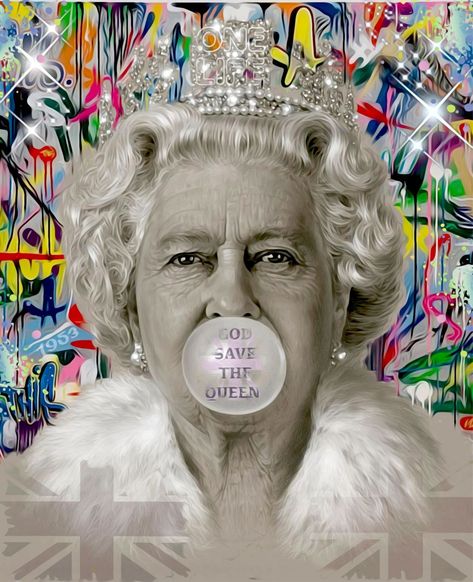 #Onelife183 introduces his homage to Her Majesty The Queen, on the eve of her Platinum Jubilee celebrations. This cheeky image captures the humour that Queen Elizabeth has always demonstrated over her long years on the throne........mixed with #Onelife's customary irreverence and punchy background imagery. This picture will be a highly collectable piece of what is, literally, a once in a lifetime occasion White Artist Recommended Frame, overall dimensions: 29.5" x 28.5" approx. British Values, Labyrinth Art, Arte Punk, Reine Elizabeth, Elisabeth Ii, Collage Techniques, Platinum Jubilee, Queen Of England, Her Majesty The Queen