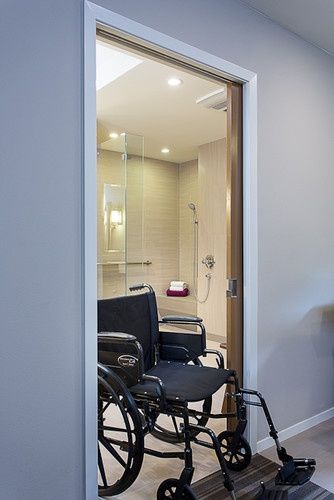 lg pocket doors, bathroom doors large enough for a wheelchair Universal Design Bathroom, Accessible House, Accessible Bathroom Design, Home Decor Apartment, Accessible Bathroom, Aging In Place, Universal Design, Pocket Doors, Bathroom Remodel Master