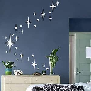 Retro Starburst Mirror Wall Decals Silver 3D Acrylic Sparkle Wall Decors Star Wall Stickers Removable Star Decals Bathroom Bedroom Living Room Home Wall Decors(123pcs) Starburst Mirror Wall, Spiegel Diy, Diy Mirror Wall, Starburst Mirror, Star Wall Decals, Star Decals, Dimensional Wall, Mirror Stickers, Wall Stickers Bedroom