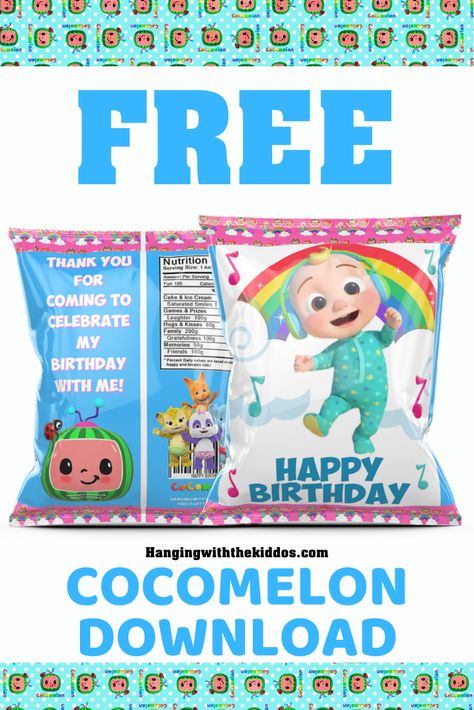 Free Cocomelon Party Printable Download| Chip Bag Template - Hanging with the Kiddos Box Templates Printable Free, Birthday Cocomelon, Chip Bag Template, Candy Bar Wrapper Template, Bag Template, Birthday Party Printables, Custom Party Favors, Party Printables Free, Party Printable