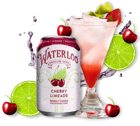 Waterloo Recipes | Waterloo Recipes Drinks | Waterloo Sparkling Water Sparkling Water Mocktail, Sparkling Water Cocktail, Cherry Limeade Recipe, Easy Mocktail Recipes, Drink Fridge, Peach Cocktail, Recipes Drinks, Flavored Sparkling Water, Summer Drink Recipes