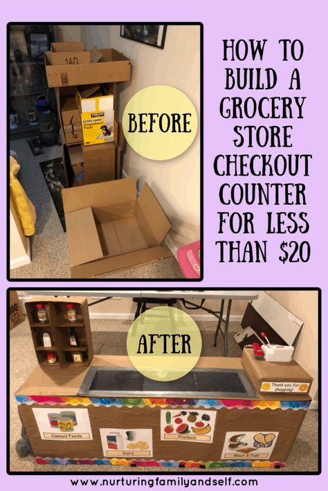 Grocery Store Kindergarten, Grocery Shopping Pretend Play, Grocery Store Center For Preschool, Grocery Store Diorama, Diy Play Grocery Store Scanner, Diy Pretend Play Grocery Store, Diy Shopping Basket, Dramatic Play Grocery Store Preschool, Classroom Grocery Store