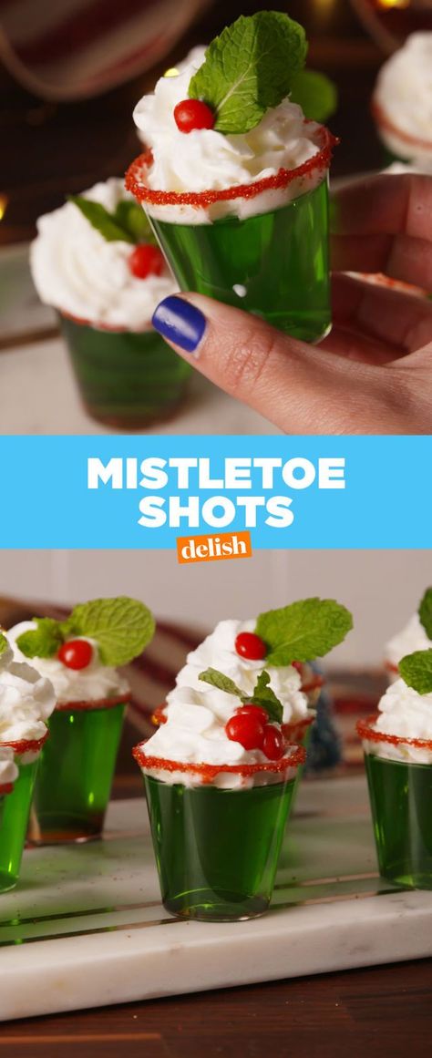 Omg. HOW CUTE ARE THESE? I think we need to make these. But you might need to make these yourself because xmas is a potluck and my dad and I have to bring food dishes now and I'm going to be too busy to also make these... Christmas Beverages, Christmas Island, Kris Kringle, Shot Recipes, Christmas Brunch, Jello Shots, Christmas Party Food, Christmas Cocktails, Christmas Appetizers