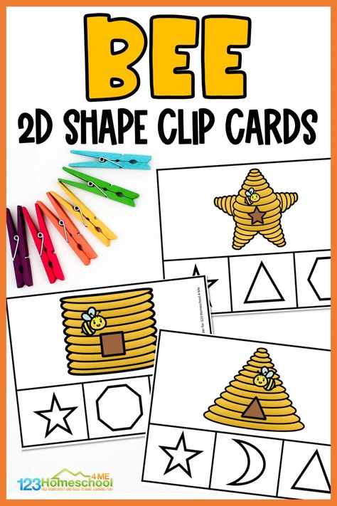 Looking for a fun way to practice 2D shapes with your learners this Spring? This fun and hands-on matching shapes activity features cute bees and their hives. Use the free printable shape clip cards to practice simple shapes with your learners. This low prep activity features a shape matching printable for preschool, pre-k, and kinderagrten students to learn to recognize shapes with a educational, spring activity. Free Pattern Block Printables, Pattern Block Printables, Block Pictures, Shape Sorting Activities, Shapes Activity, 123 Homeschool 4 Me, Matching Shapes, Bug Activities, Shape Activities Preschool