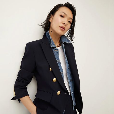 The Best Office Outfits for Work - CB Navy Gold, Blazer Outfits, Designer Jeans, Veronica Beard, Jacket Design, Looks Style, Knit Jacket, Gold Buttons, Work Fashion