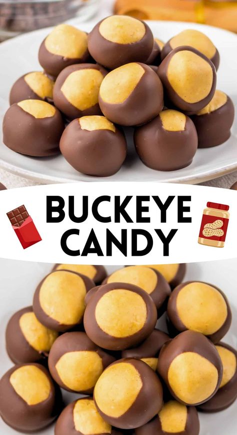 The best peanut butter buckeyes recipe! An easy, no-bake treat that pairs a rich chocolate coating with a creamy peanut butter center or the perfect homemade candy recipe for peanut butter lovers. Recipe Peanut Butter Balls, Buckeye Recipe Easy, Bar Treats, Peanut Butter Buckeyes, Buckeyes Recipe, Holiday Candy Recipes, Easy Christmas Candy Recipes, Butter Candy, Christmas Yummies