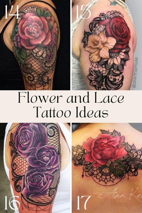 Delicate Flower and Lace Tattoo Designs + Ideas - TattooGlee Flower And Lace Tattoo, Lace Flower Tattoos, Black Lace Tattoo, Lace Sleeve Tattoos, Violet Flower Tattoos, Flower Cover Up Tattoos, Feminine Shoulder Tattoos, Floral Back Tattoos, Cover Up Tattoos For Women