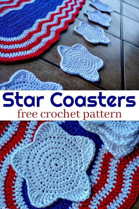 Star Coaster Crochet Pattern, Crotchet Slippers, Americana Crochet, Patriotic Crochet, Coaster Crochet Pattern, Dish Scrubbies, Coasters Crochet, Kitchen Crochet, Coaster Crochet