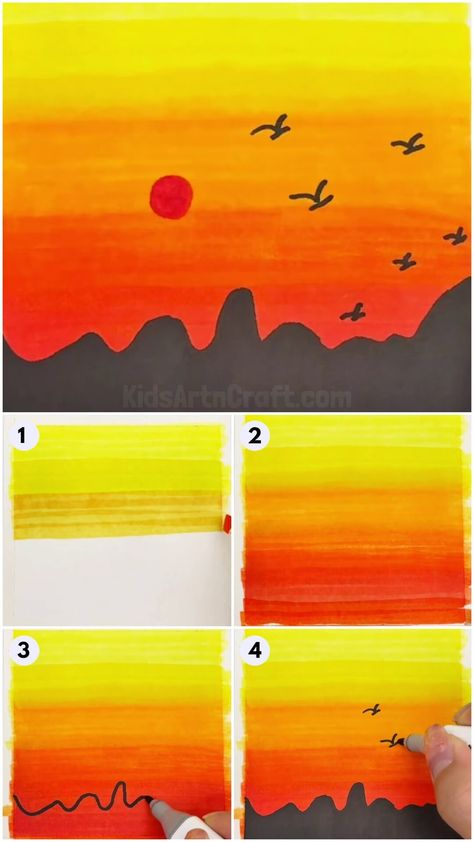 How To Make Sunset Scenery Art Tutorial For Beginners Check more at https://www.kidsartncraft.com/sunset-scenery-art-tutorial/ How To Draw Sunset, Sun Set Drawing, Simple Sunset Painting, Art Tutorial For Beginners, Drawing Sunset, Sunset Scenery, Scenery Art, Cr7 Ronaldo