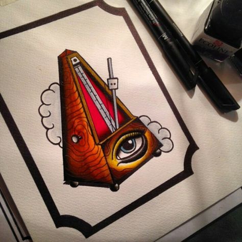 Metronome Illustration, Chrome Tattoo Style, Metronome Art, Metronome Tattoo, Gramaphone Oldschool Tattoo, Gramophone Tattoo Traditional, 7 Sins, Old Tattoos, Leg Tattoo