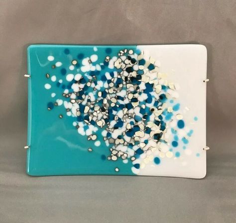 Robin Herndon Kiln Formed Art Glass Decorative Plate Blue White Geometric Water #ArtNouveau Kiln Glass Art, Handmade For Sale, Fused Glass Dishes, Slumped Glass, Fused Glass Plates, Fused Glass Artwork, Kiln Formed Glass, Glass Fusing Projects, Glass Art Projects