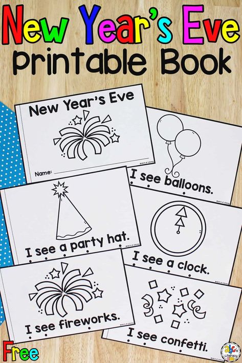 This New Year's Eve Printable Book is a fun way to teach new vocabulary words, review concepts of print, and practice sight words. New Years Books For Preschoolers, New Years Craft Elementary, New Years Craft For Preschoolers, New Years Craft For Kindergarten, New Year Literacy Activities Preschool, New Years Activities For Kindergarteners, New Years Prek Crafts, New Years Writing Kindergarten, New Year Activities Kindergarten