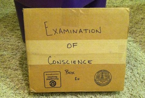 Examination of conscience  box to use during practice for First Reconciliation.  Slips of paper with the "typical" sins of children of that age are placed in the box.  The child picks one and uses that for his "sin" during the practice confession. First Reconciliation Activities, Examination Of Conscience Catholic, Reconciliation Catholic, First Reconciliation, Ccd Activities, Religion Activities, Examination Of Conscience, Catholic Sacraments, Catholic Education