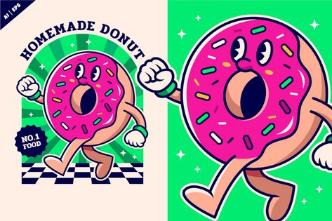 Homemade Donut Character, Illustrations ft. donut & creme - Envato Elements Donut Character, Homemade Donut, Logo Moodboard, Retro Character, Homemade Donuts, Retro Cartoon, Retro Cartoons, Envato Elements, Donuts