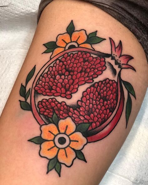 American Traditional Pomegranate Tattoo, Neo Traditional Pomegranate, Pomegranate Neotraditional, Traditional Pomegranate Tattoo, Tattoo Ideas Pomegranate, Snake And Pomegranate Tattoo, Black And Grey Pomegranate Tattoo, Pomegranate Tattoo, Sleeves Ideas