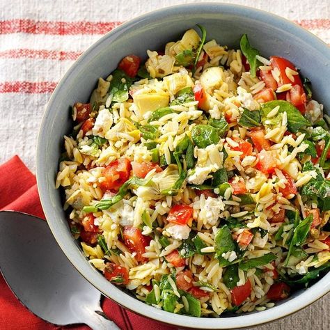 Orzo Vegetable Salad Orzo Salads, Hot Weather Meals, Tarragon Recipes, Lemon Orzo Salad, Orzo Dishes, Orzo Salad Recipes, Vegetable Salad Recipes, Orzo Recipes, Taste Of Home Recipes