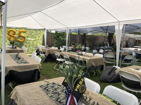 Army theme Party  #party #Army #ArmyTheme Army Party Table Decorations, 21st Party Themes, Military Retirement Parties, Army Retirement, Patriotic Centerpieces, Promotion Party, Army's Birthday, Welcome Home Parties, Army Party