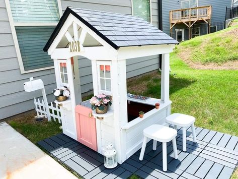 Backyard Discovery Playhouse Makeover, Playhouse Village, Tiny Playhouse, Kids Wooden House, Little Tikes Playhouse Makeover, Playhouse Remodel, Easy Landscaping Front Yard, Cubby Ideas, Kids Cubby