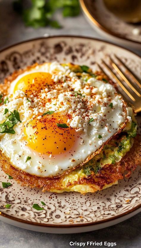 A delightful breakfast treat with a crispy twist! Crispy Feta Fried Eggs feature perfectly fried eggs topped with golden, crispy feta for a savory start to your day! 🍳🧀 Sheet Pan Fried Eggs, Crispy Feta Fried Egg, Feta Fried Egg, Feta Eggs Breakfast, Fried Eggs Breakfast, Breakfast Egg Recipes, Crispy Feta, Fried Egg Recipe, Fried Feta