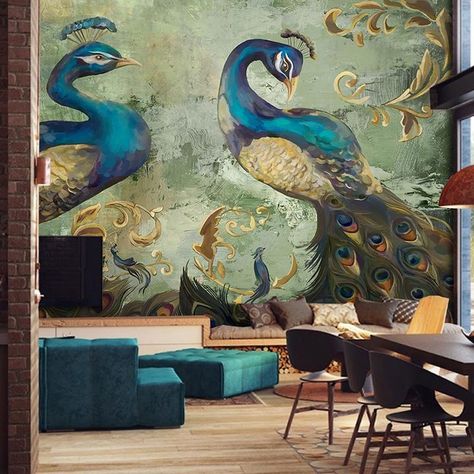 Large Wall Paintings, Wallpaper Australia, Wall Painting Living Room, Peacock Wallpaper, 3d Wallpaper Mural, Large Wall Decals, 3d Wall Murals, Vintage Chinoiserie, Animal Canvas