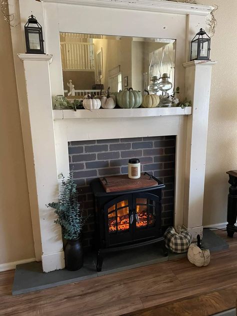 Fireplace Next To Window, Shelf Over Fireplace, Free Standing Electric Fireplace Ideas, Fake Fireplace Heater, Fake Fireplace Diy, Faux Fireplace Ideas, Stone Fireplace Decor, Space Heater Fireplace, Wood Burning Stoves Living Room