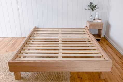 Al and Imo Custom Timber Furniture Wooden Bed No Headboard, Bed Frame No Headboard, Bed With No Headboard, Wooden Bed Frame Diy, Bed No Headboard, Room Cool Ideas, Wooden Bed Base, Timber Bed Frame, Wooden Bed Side Table