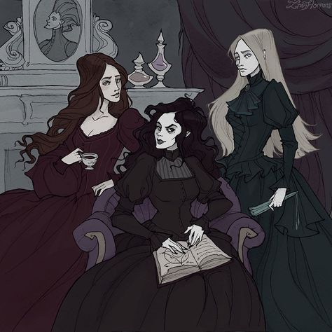 Day 5 of #potterweekprompts (Family portrait)! The Noble House of Black: Andromeda, Bellatrix and Narcissa 🖤 I always wondered how is it possible that such different sisters were born in the same family? The Black Sisters, Abigail Larson, Stile Harry Potter, Arte Peculiar, Black Sisters, Desenhos Harry Potter, Bellatrix Lestrange, Harry Potter Love, Arte Obscura