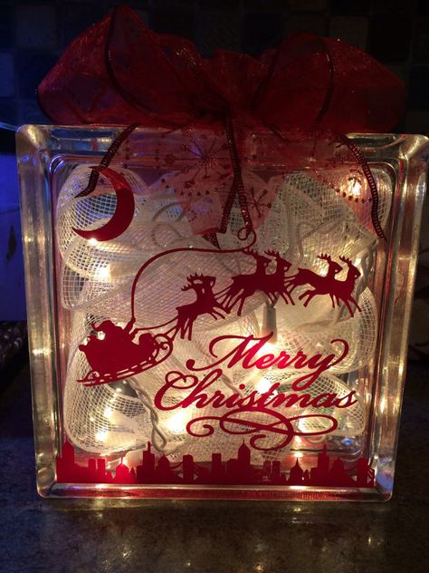 Lighted Christmas Glass Block Decoration by SCoopersCreations Glass Blocks With Lights, Painted Glass Blocks, Christmas Glass Blocks, Decorative Glass Blocks, Brick Crafts, Glass Block Crafts, Lighted Glass Blocks, Lights Diy, Christmas Blocks