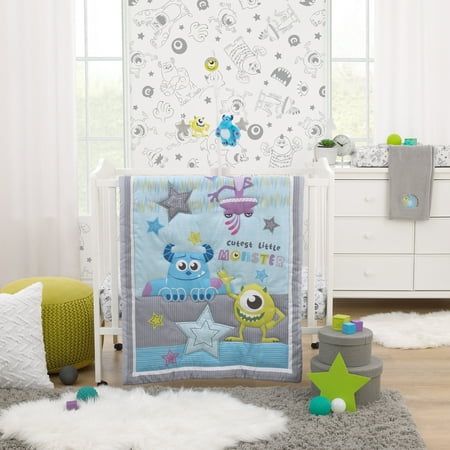 The Monsters, Inc. Cutest Little Monster 3 Piece Mini Crib Bedding Set includes a 33" x 38" comforter, and two 24" x 38" x 5" fitted mini crib sheets. Features playful monsters James P. Sullivan (Sully), Mike Wazowski, and Randall Boggs surrounded by appliqued stars, with words that say, Cutest Little Monster! Designed in bright colors of turquoise, green, purple, gray, and white. The fitted crib sheet comes in a fun allover pattern, with Sully, Mike, Randall, and friends in shades of charcoal g Monsters Inc Nursery, Disney Baby Nurseries, Disney Themed Nursery, Monsters Inc Baby, Mini Crib Bedding, Baby Crib Sets, Boy Nursery Themes, Baby Boy Nursery Themes, Baby Crib Bedding Sets