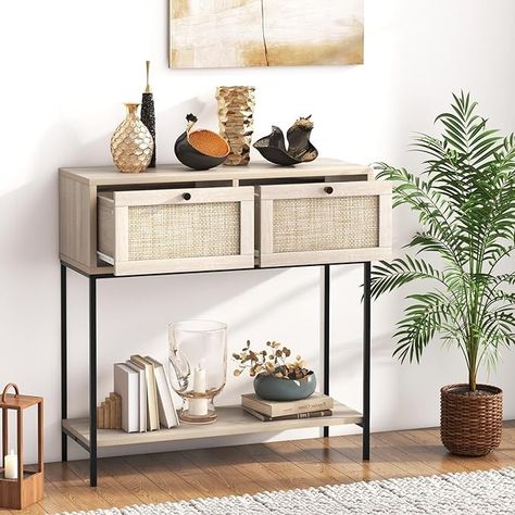 This console table stands out from the rest with its unique, elegant, and chic rattan design. The sleek, natural wood color combined with the intricately woven rattan drawer fronts creates a visually stunning piece of furniture that adds a touch of sophistication to any room. Combine style and function by removing cluttered spaces with this entry table. Its two spacious drawers are perfect for organizing your everyday essentials like keys, mail, and accessories. Boho Entryway Table, Console Table Boho, Narrow Entry Table, Rattan Console Table, Rattan Drawers, Rattan Console, Boho Entryway, Console Table Entryway, Long Sofa Table