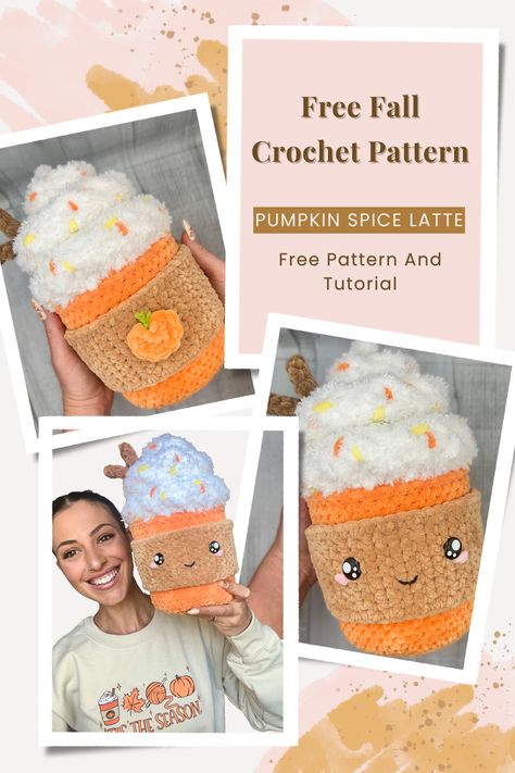 Crochet Frappuccino Free Pattern, Crochet Coffee Plushie, Crochet Latte Pattern, Making Crochet Patterns, Fall Themed Crochet Patterns, S'more Crochet Pattern, Free Crochet Patterns Amigurumi Fall, Kaytedids Crochet, Fall Plushies Crochet